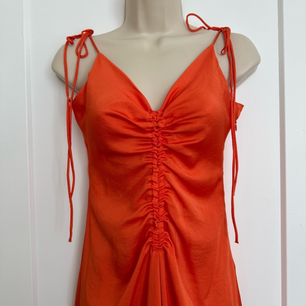 Sandro - Praline Ruched Satin-crepe Midi Dress - Orange Tomato - Picture 4 of 13